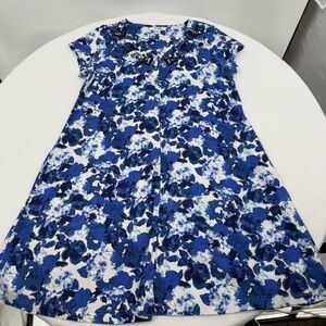 Go Softly Women’s House Coat Size M Blue White Cotton Blend Full Zip Cap‎ Sleeve